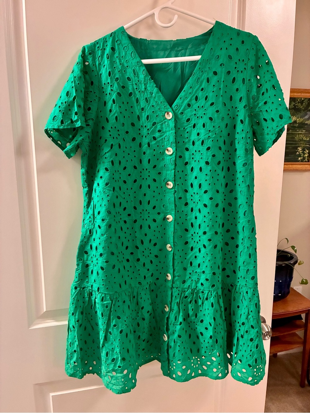 Women’s Button Up V-Neck Eyelet Dress